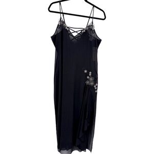 NWT Linea Donatella Black Floral Embroidered‎ Lace Trim Midi Slip Dress Sz Large